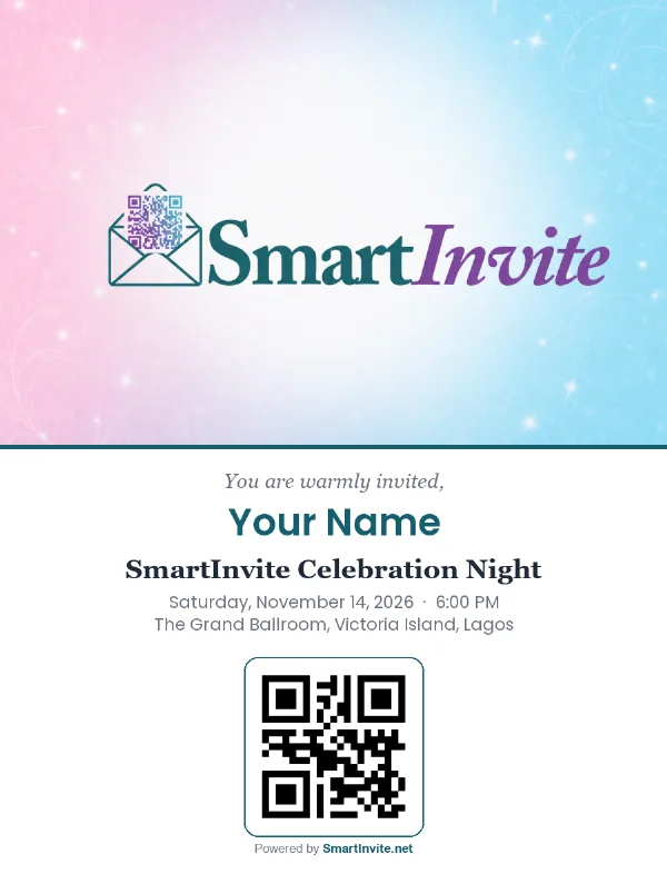 A sample SmartInvite invitation with a guest's name, event details and QR code